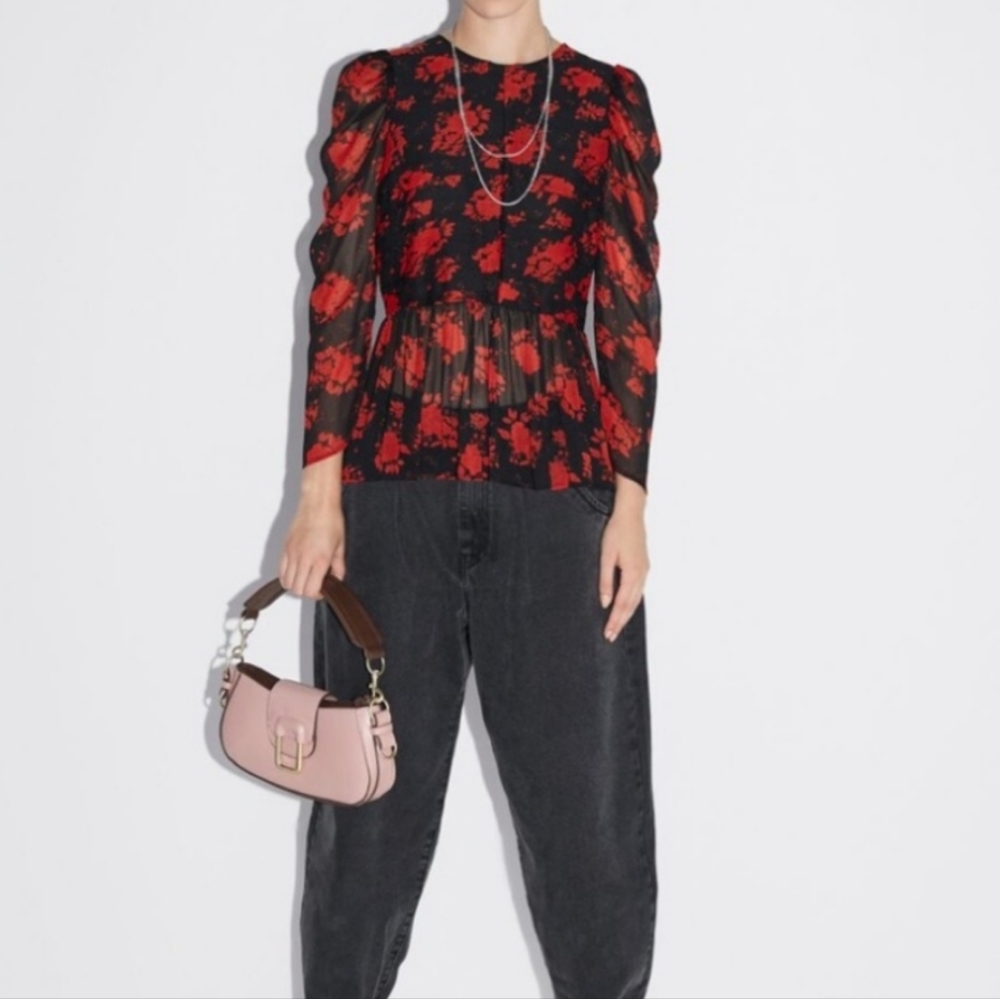ZARA Sheer Floral Printed Peplum Blouse